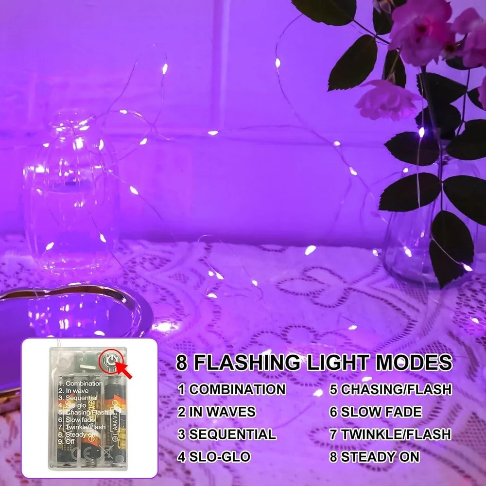 Purple LED Fairy Lights 16ft 50LED Battery Operated Waterproof 8 Modes Timer